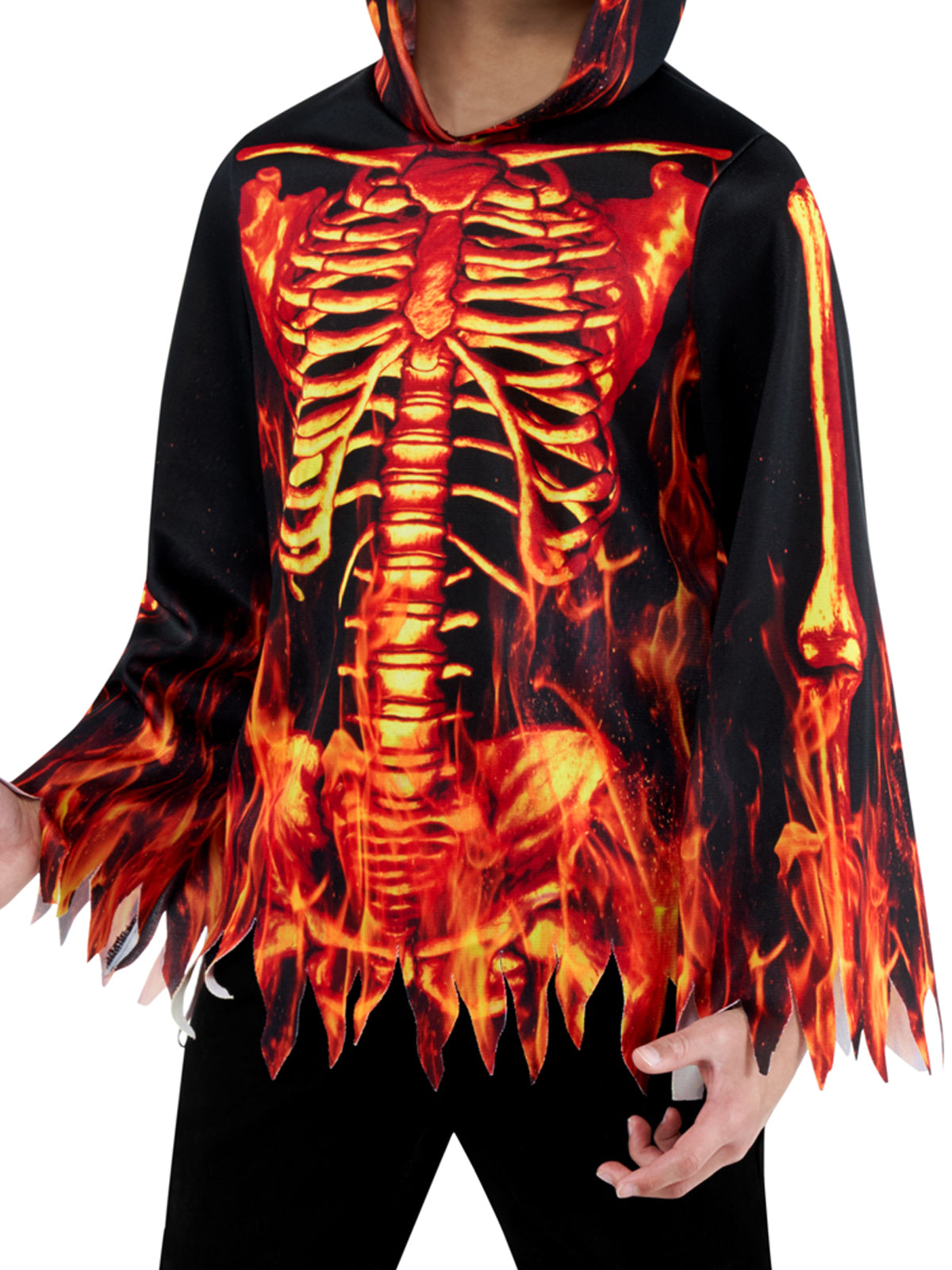 Close-up of the Fire Devil hooded top with a glowing flame skeleton print and ragged hem