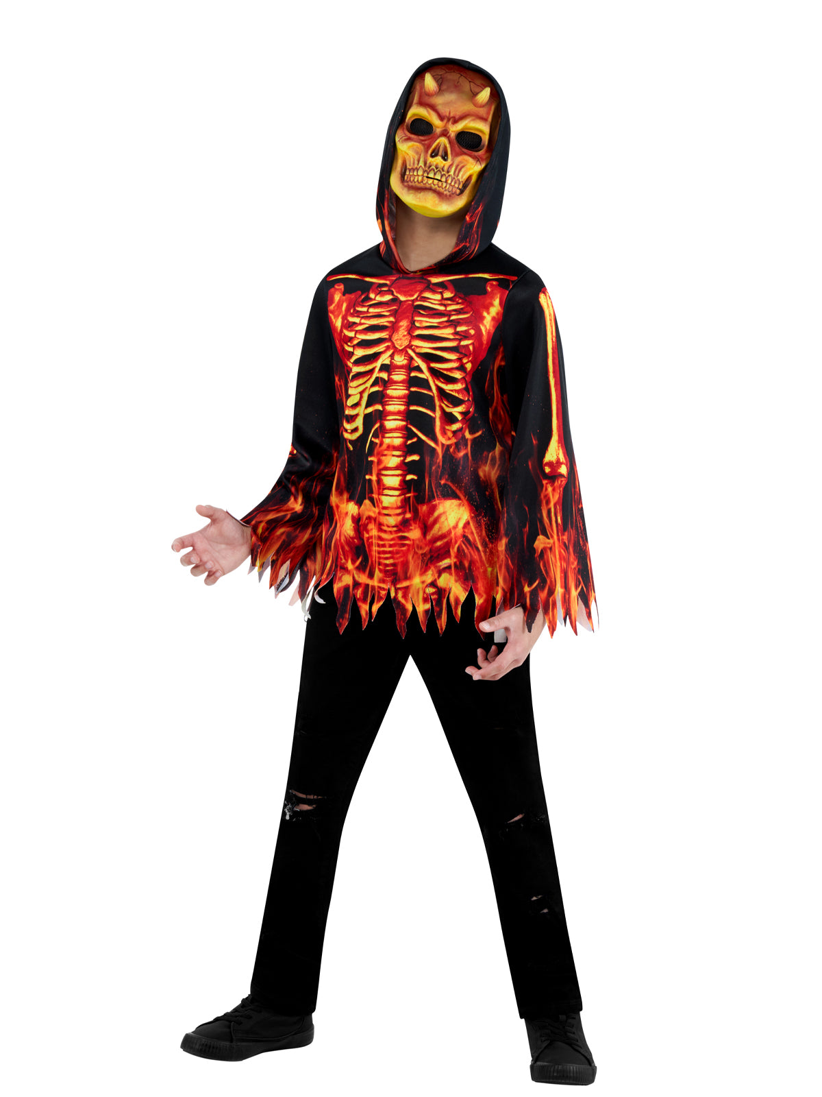 Child in the Fire Devil costume with a flaming skeleton-print hooded top and devil mask
