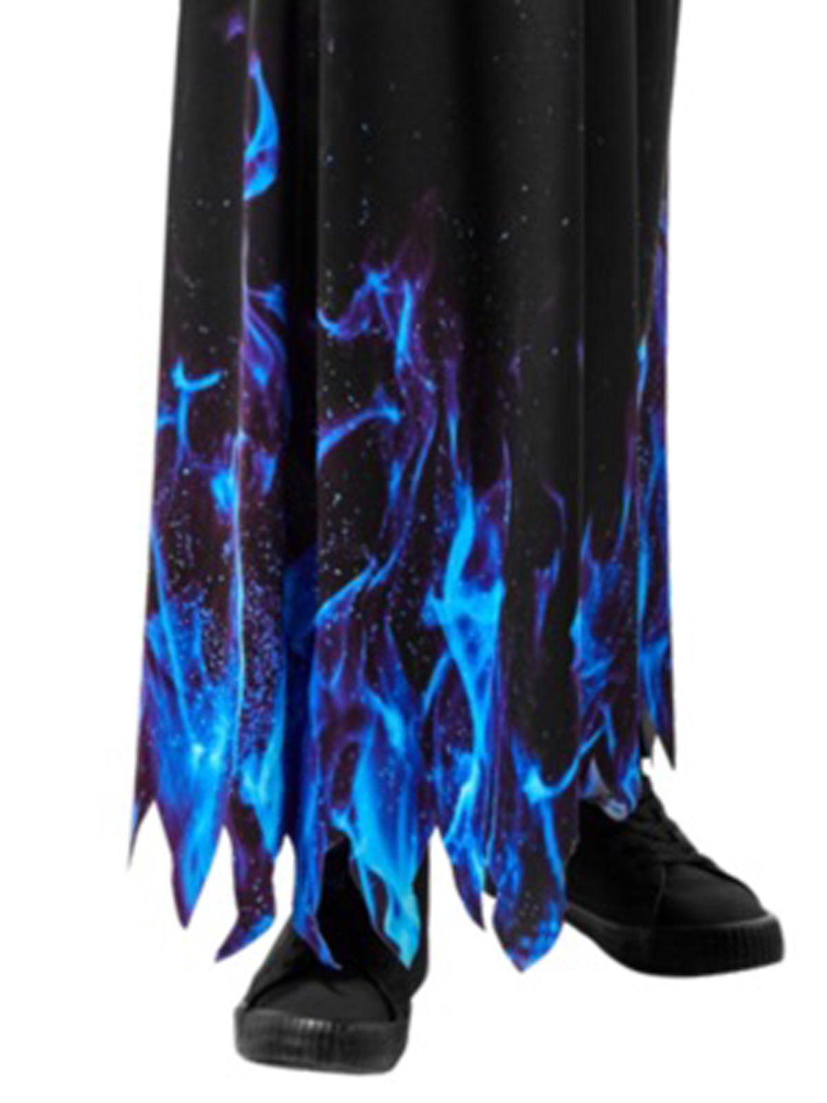 Close-up of the reaper robe's tattered hem with electric blue flame print