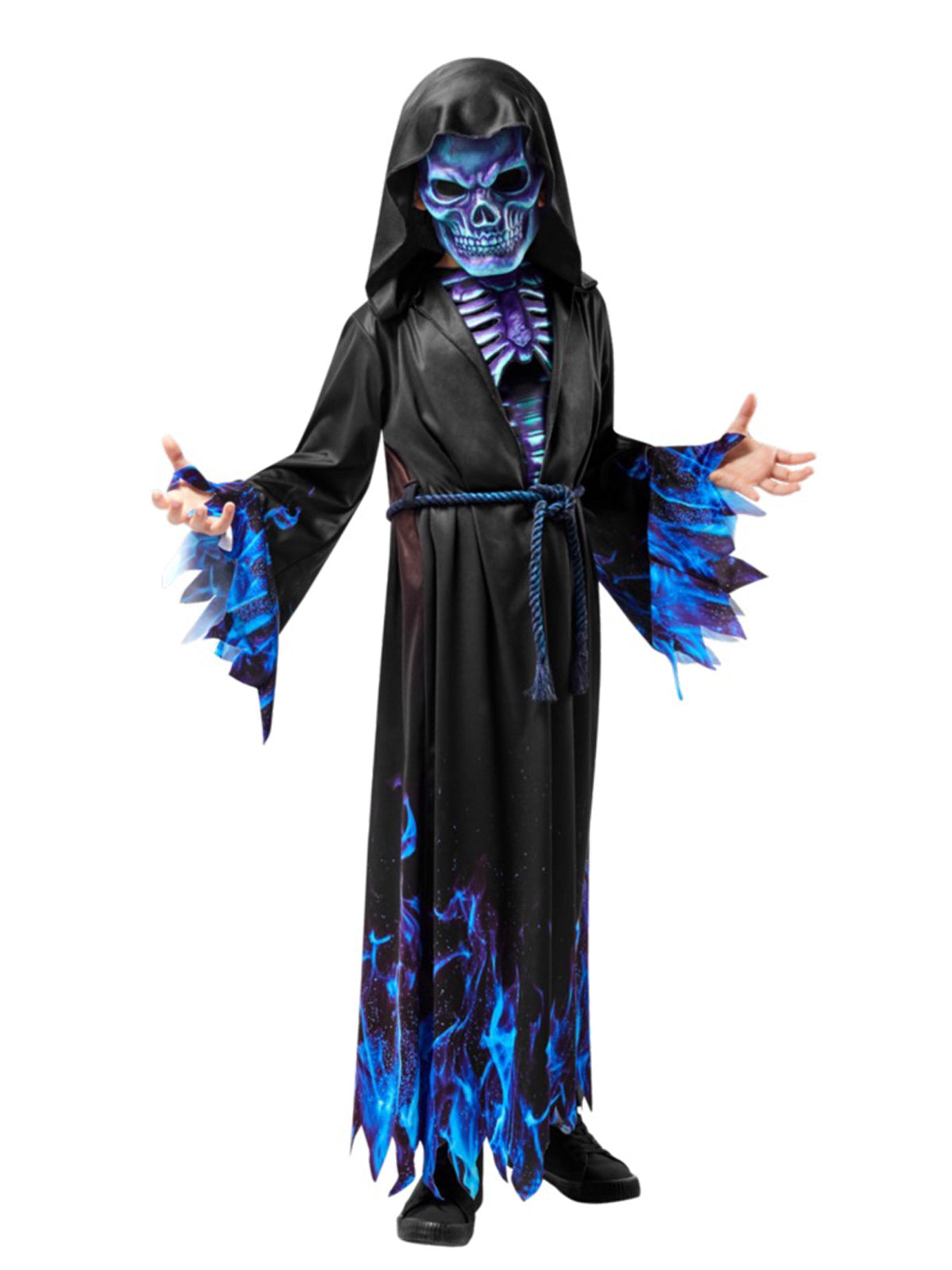 Child in hooded black reaper robe with blue flame print, tattered sleeves, rib-cage chest and skull mask