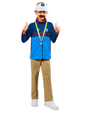 Boy wearing a Ted Lasso coach's athletics top, Richmond visor, whistle on yellow lanyard and faux moustache