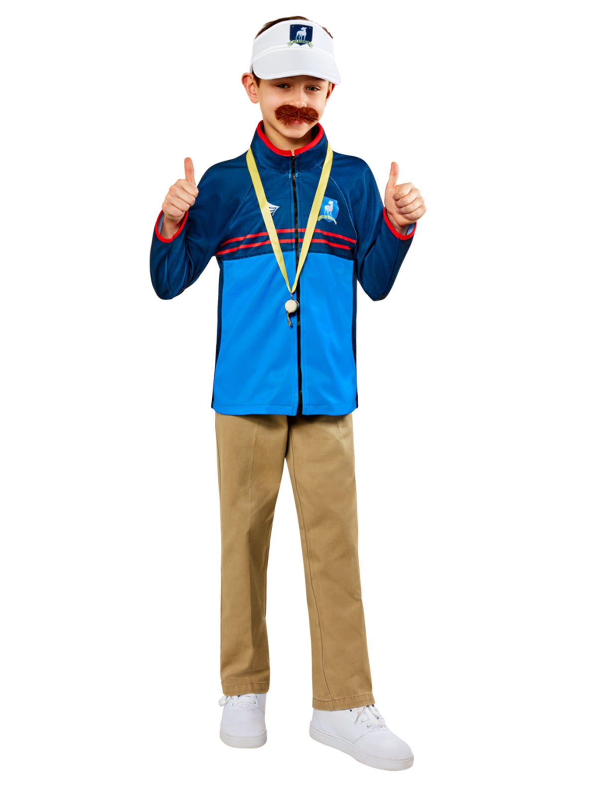 Boy wearing a Ted Lasso coach's athletics top, Richmond visor, whistle on yellow lanyard and faux moustache
