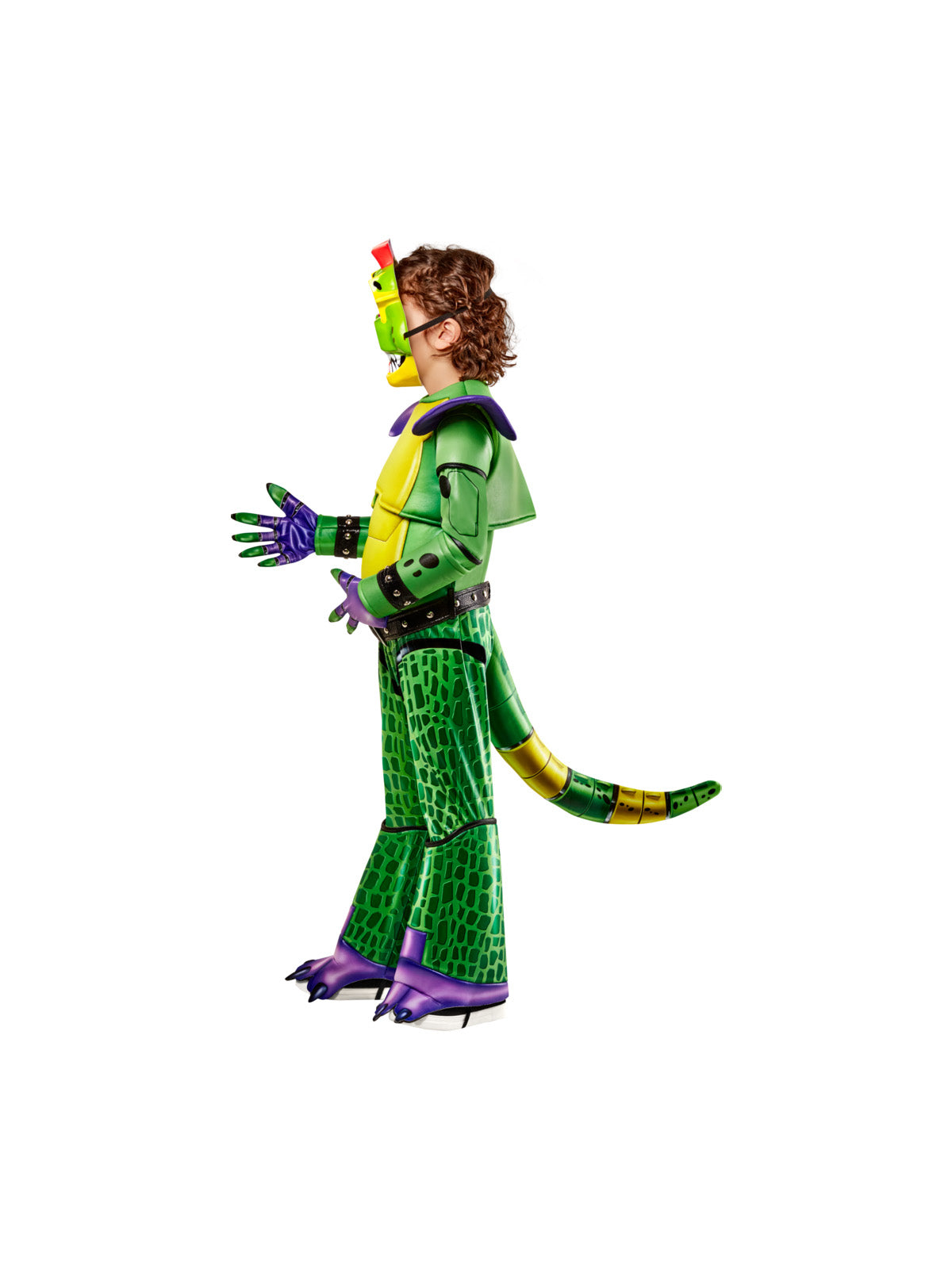 Side view of the Glamrock Monty Gator Fnaf Deluxe Costume, Child, showing the tail