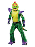 Child in a Glamrock Monty Gator jumpsuit with mohawk mask, purple shoulder vest and studded gloves