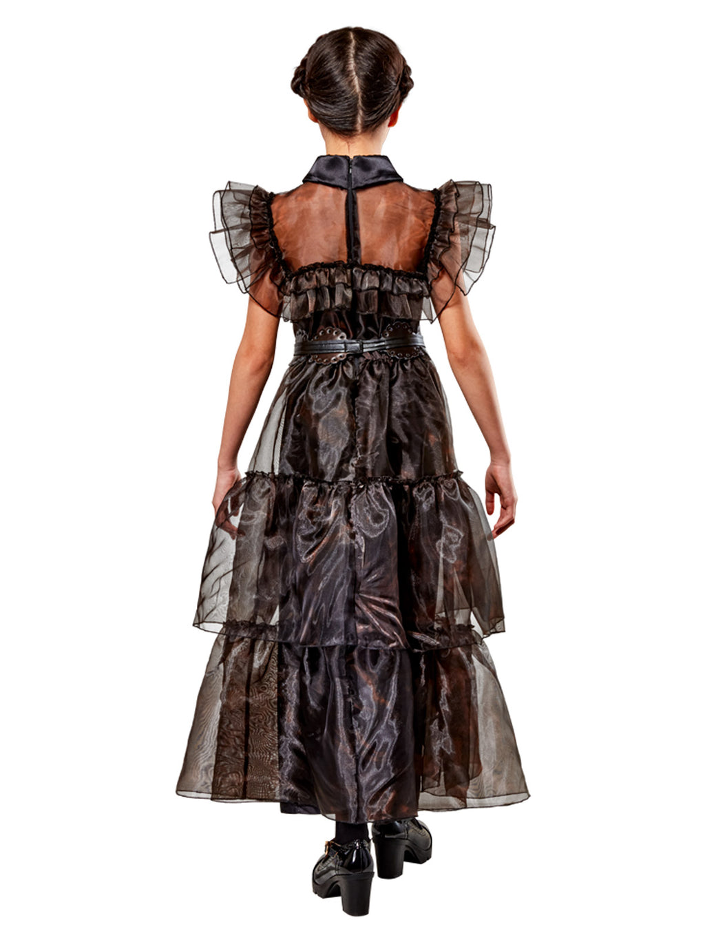 Back view of the long black Wednesday dress with frilled tulle shoulders and a satin skirt