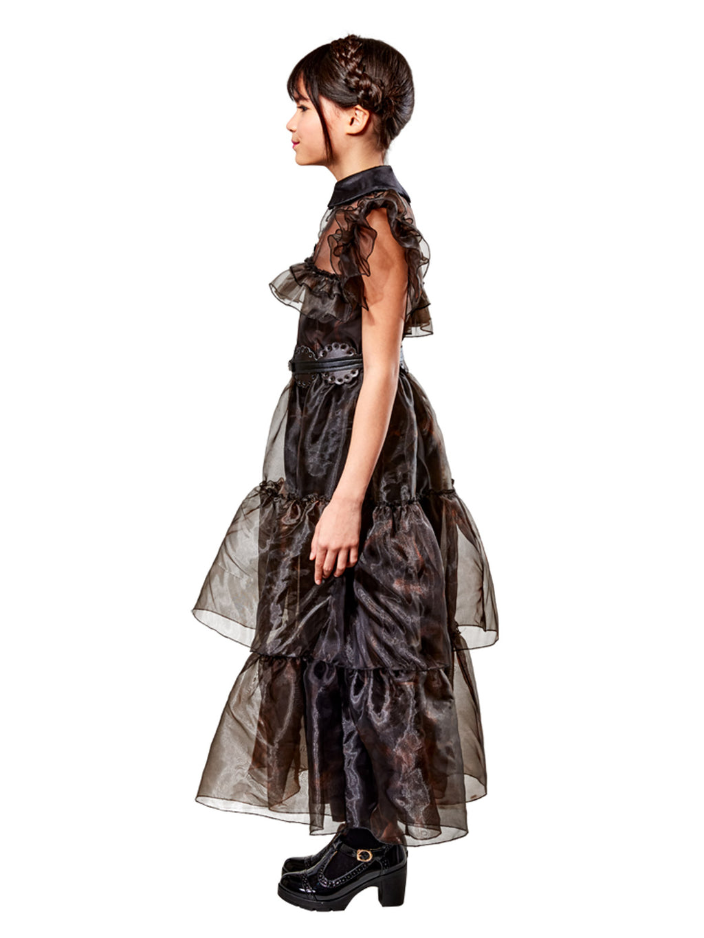 Side view of the Wednesday Rave'n dress showing the layered tulle and satin skirt
