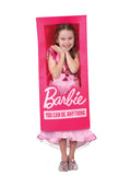 Girl standing inside a pink Barbie lifesize doll box costume