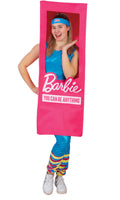 A woman wearing a costume shaped like a Barbie box with 'Barbie You Can Be Anything' text.