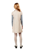 Back view of the M3GAN cream A-line tunic dress with blue striped sleeves