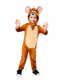 Toddler in the Tom and Jerry Jerry costume, a tan plush jumpsuit with beige tummy and mouse face hood