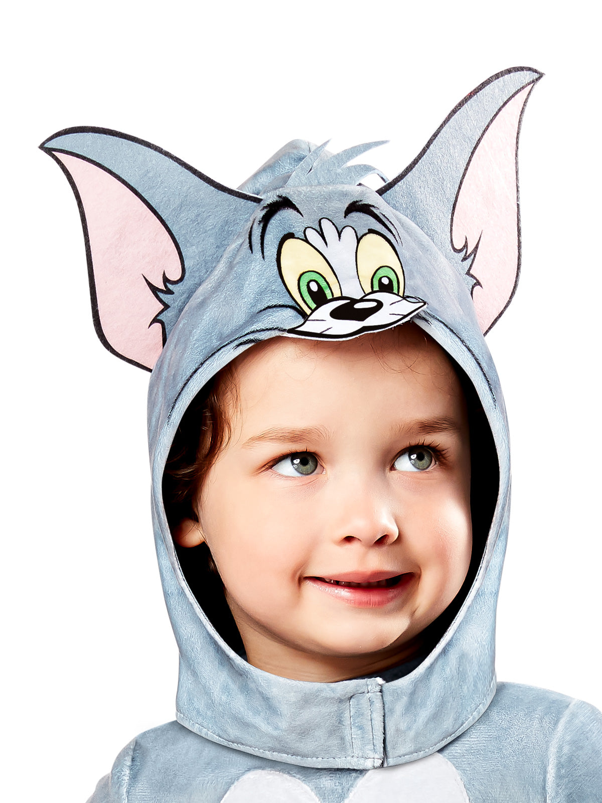 Close-up of the Tom & Jerry headpiece with Tom's printed face and pink-lined ears