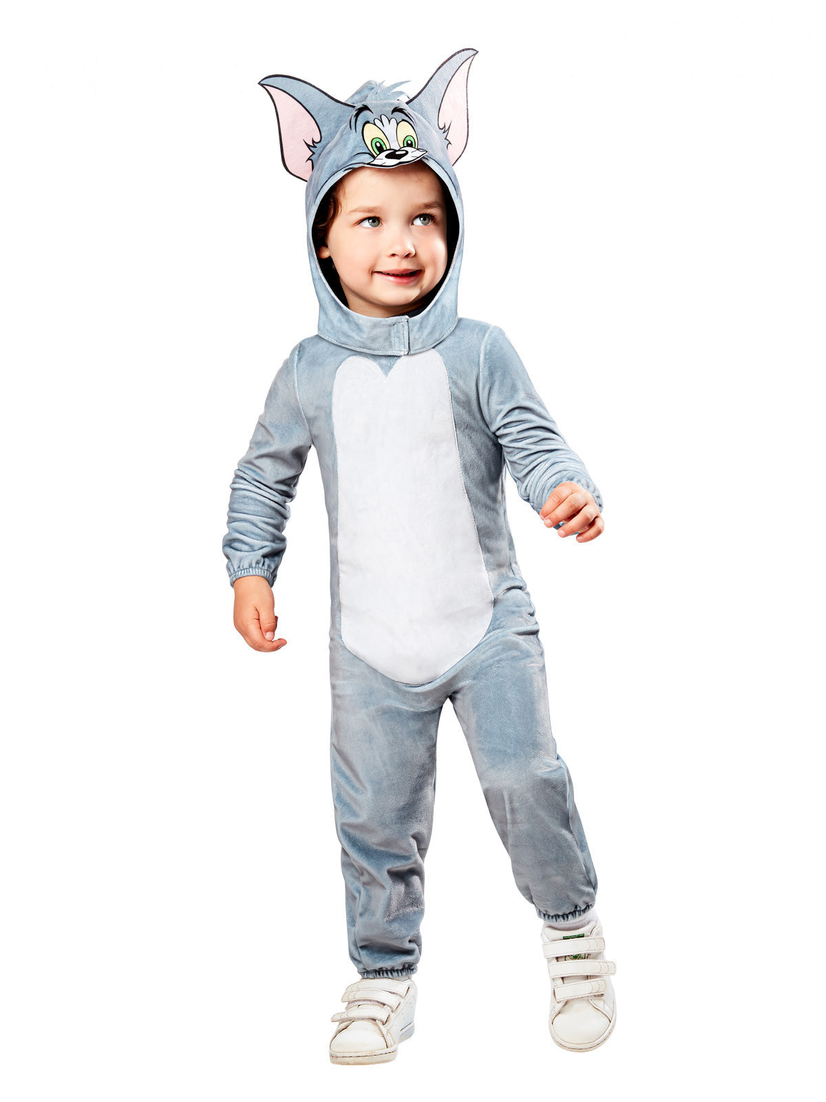 Toddler in a grey plush Tom jumpsuit with white tummy and Tom character headpiece with pointy ears