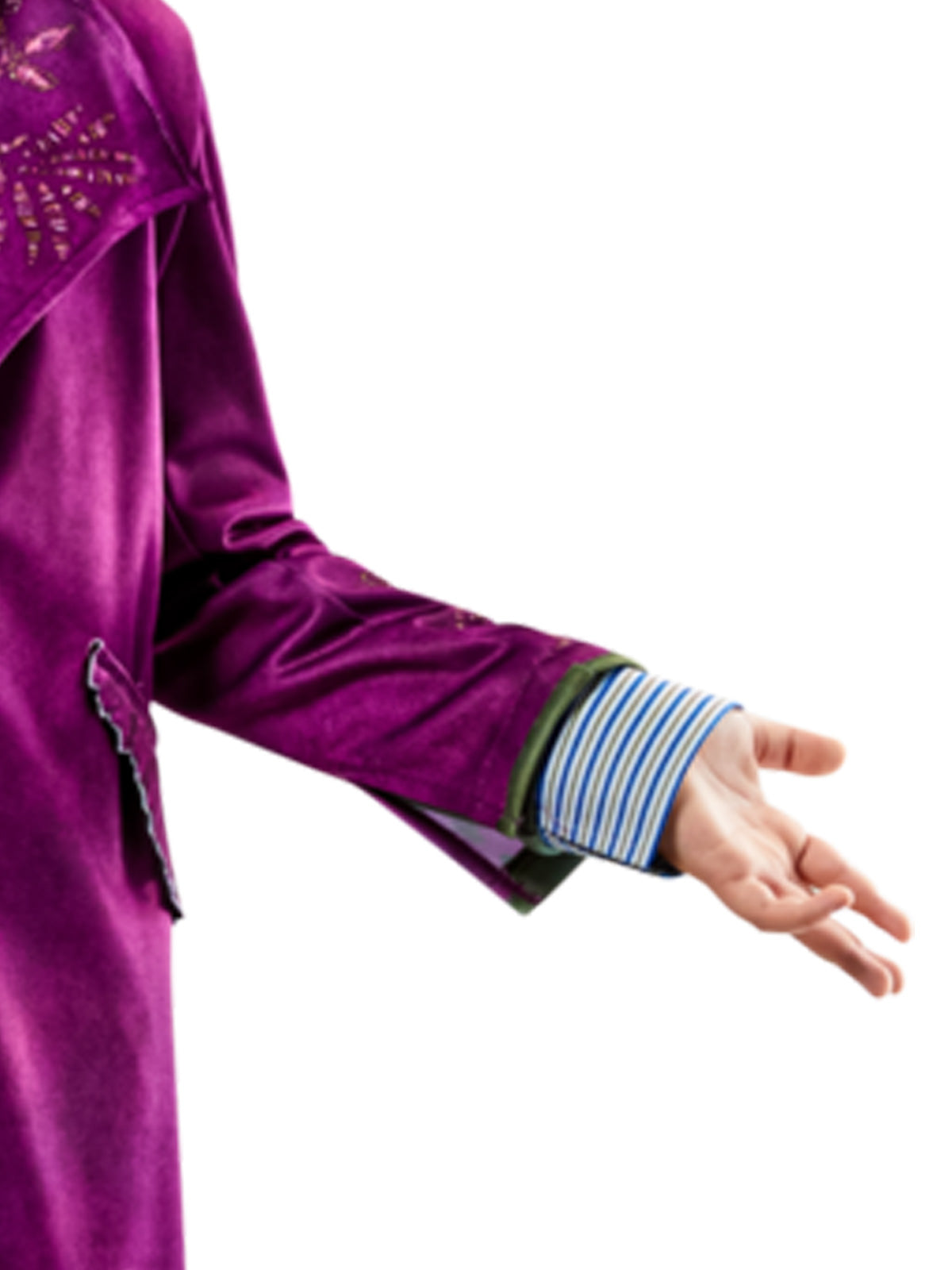 Close-up of the Willy Wonka purple jacket's printed sleeve and blue and white checked cuff