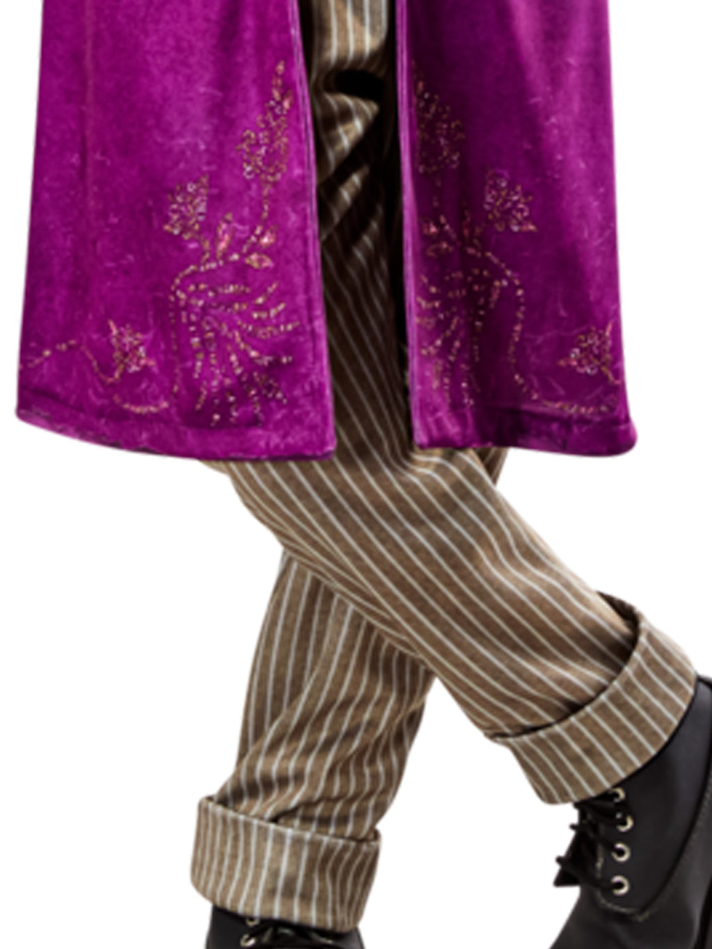 Close-up of the Willy Wonka striped pants with turned-up cuffs and printed purple jacket hem