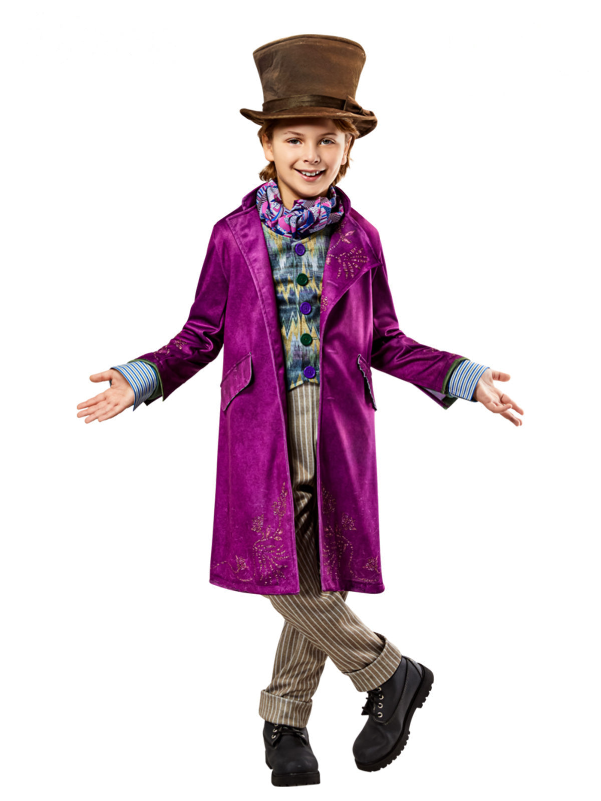 Boy wearing a Willy Wonka costume with long purple jacket, colourful vest and scarf, striped pants and brown top hat