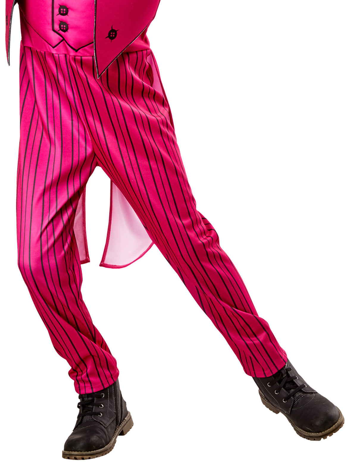 Close-up of the Joker jumpsuit's pink and black striped pants and jacket tails