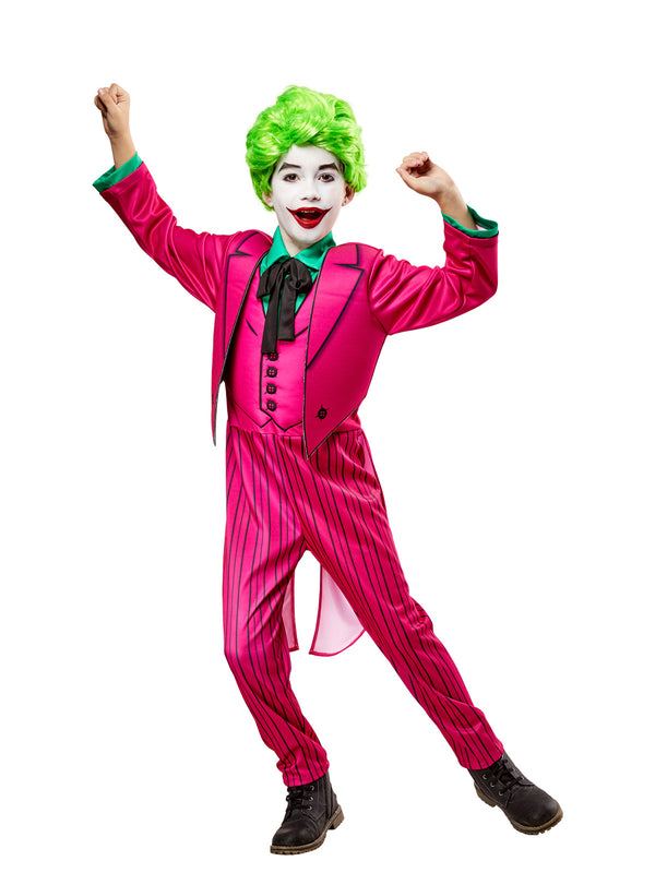 Child in a pink Joker jumpsuit with attached tailcoat, black trim, striped pants, tie and bright green wig