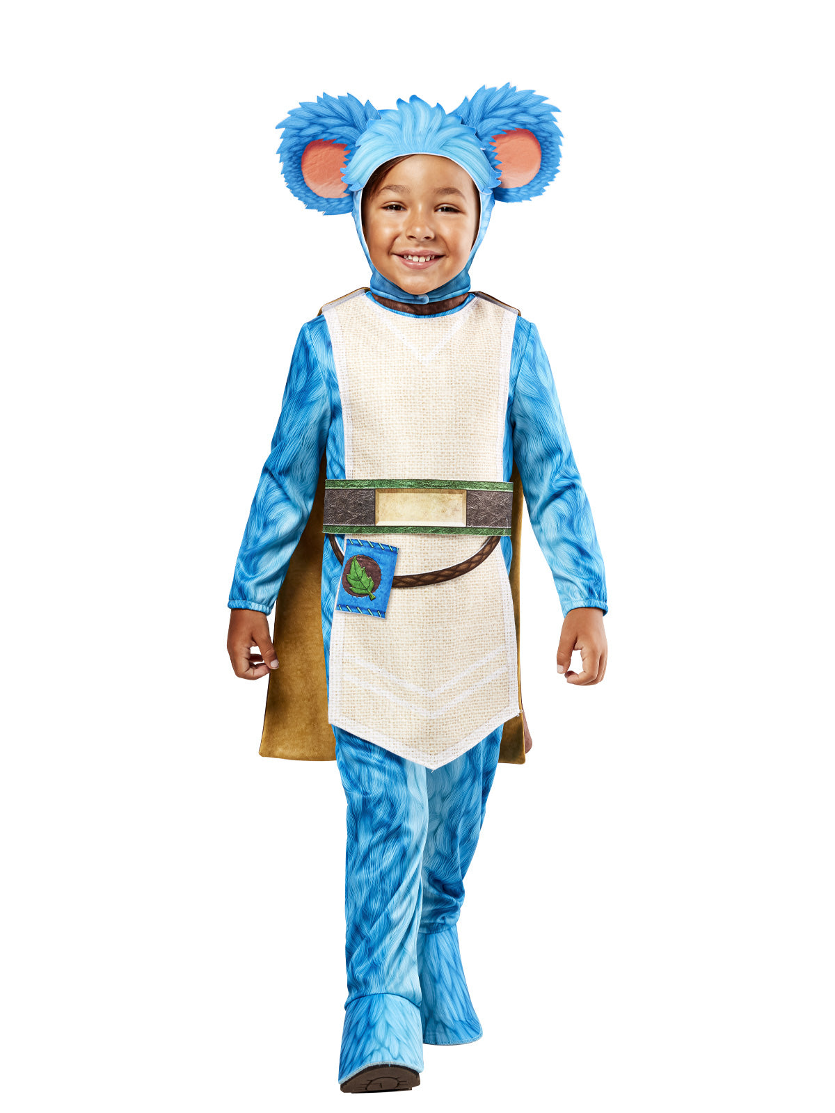 Toddler in the Star Wars Young Jedi Adventures Nubs costume, a blue furry jumpsuit with tunic, belt and ear headpiece