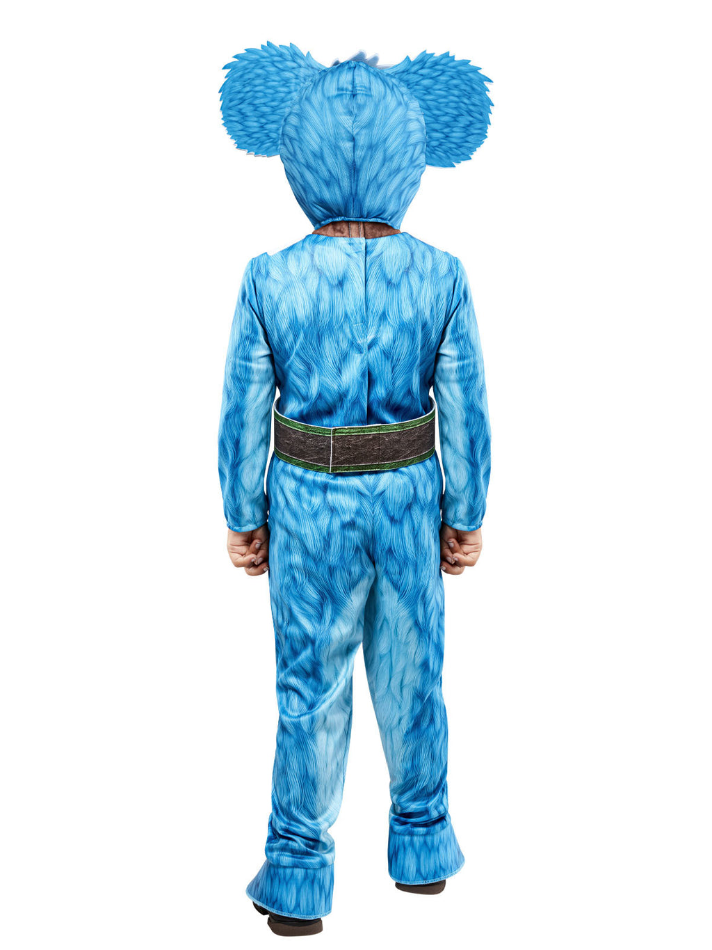 Back view of the Nubs blue jumpsuit with round-eared headpiece and belt