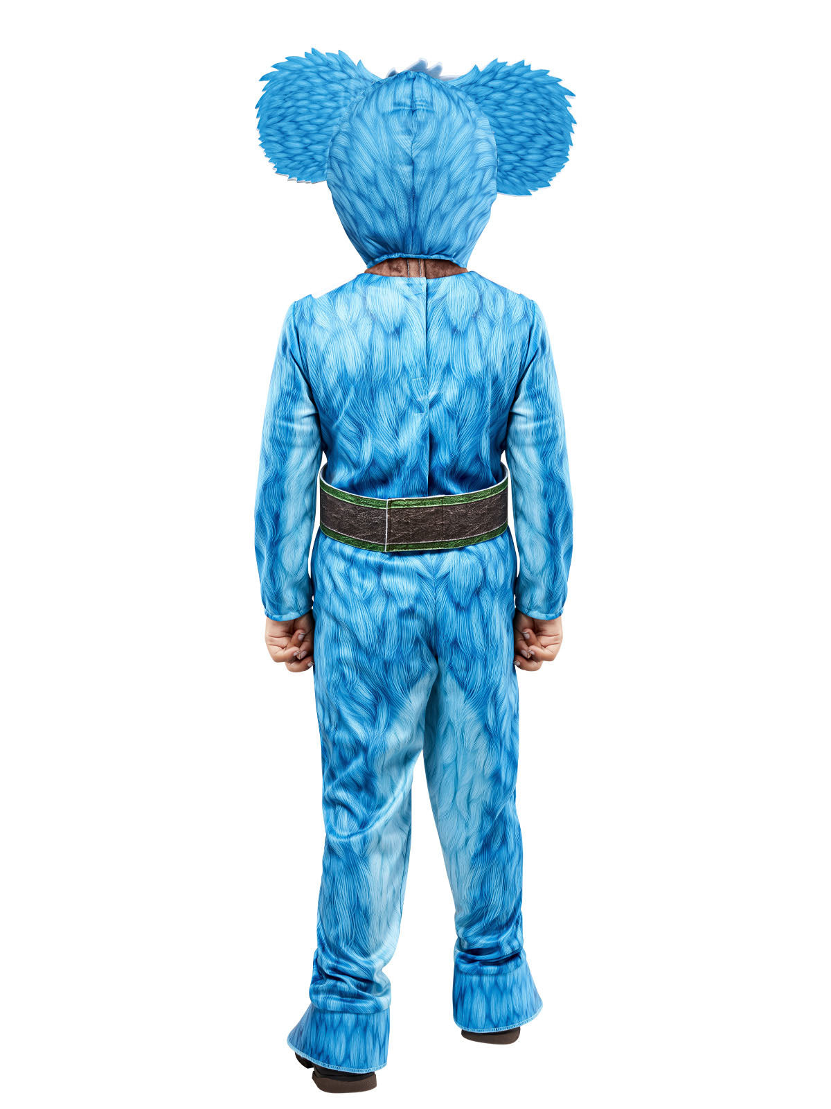 Back view of the Nubs blue jumpsuit with round-eared headpiece and belt