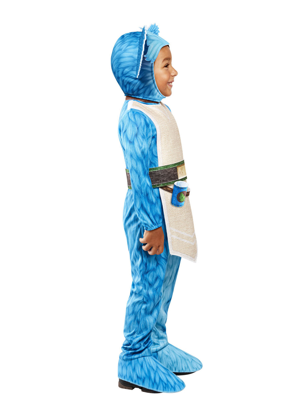 Side view of the Nubs costume with tunic, belt and attached blue boot covers