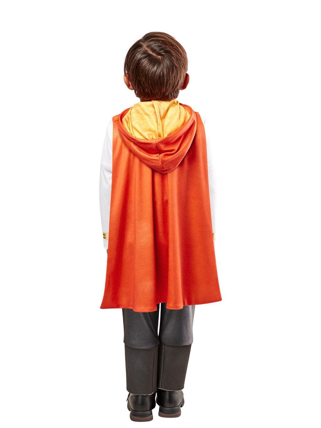 Back view of the Kai Brightstar costume with the orange hooded cape