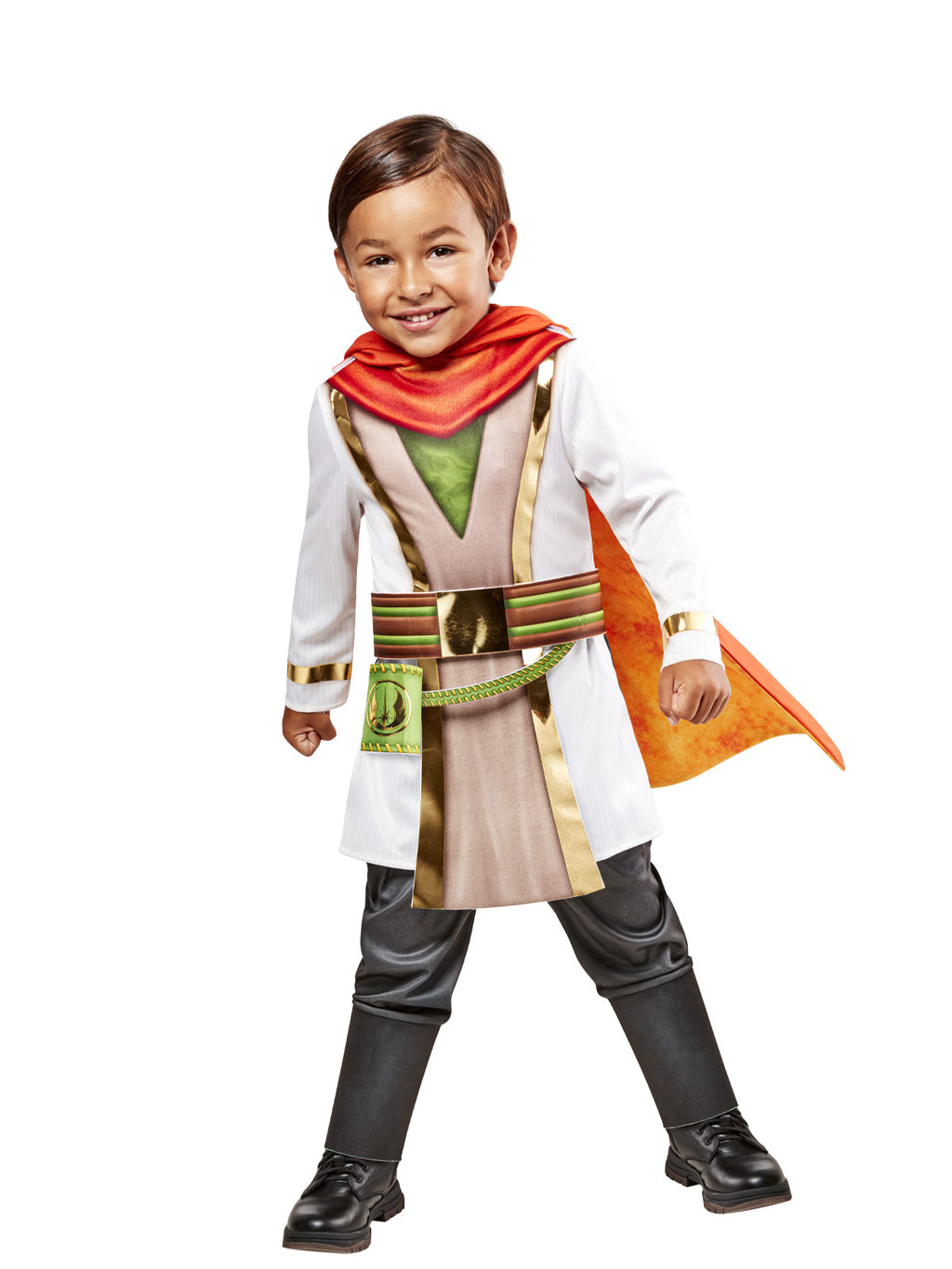 Toddler in the Star Wars Young Jedi Adventures Kai Brightstar costume with a cream tunic, belt and orange cape