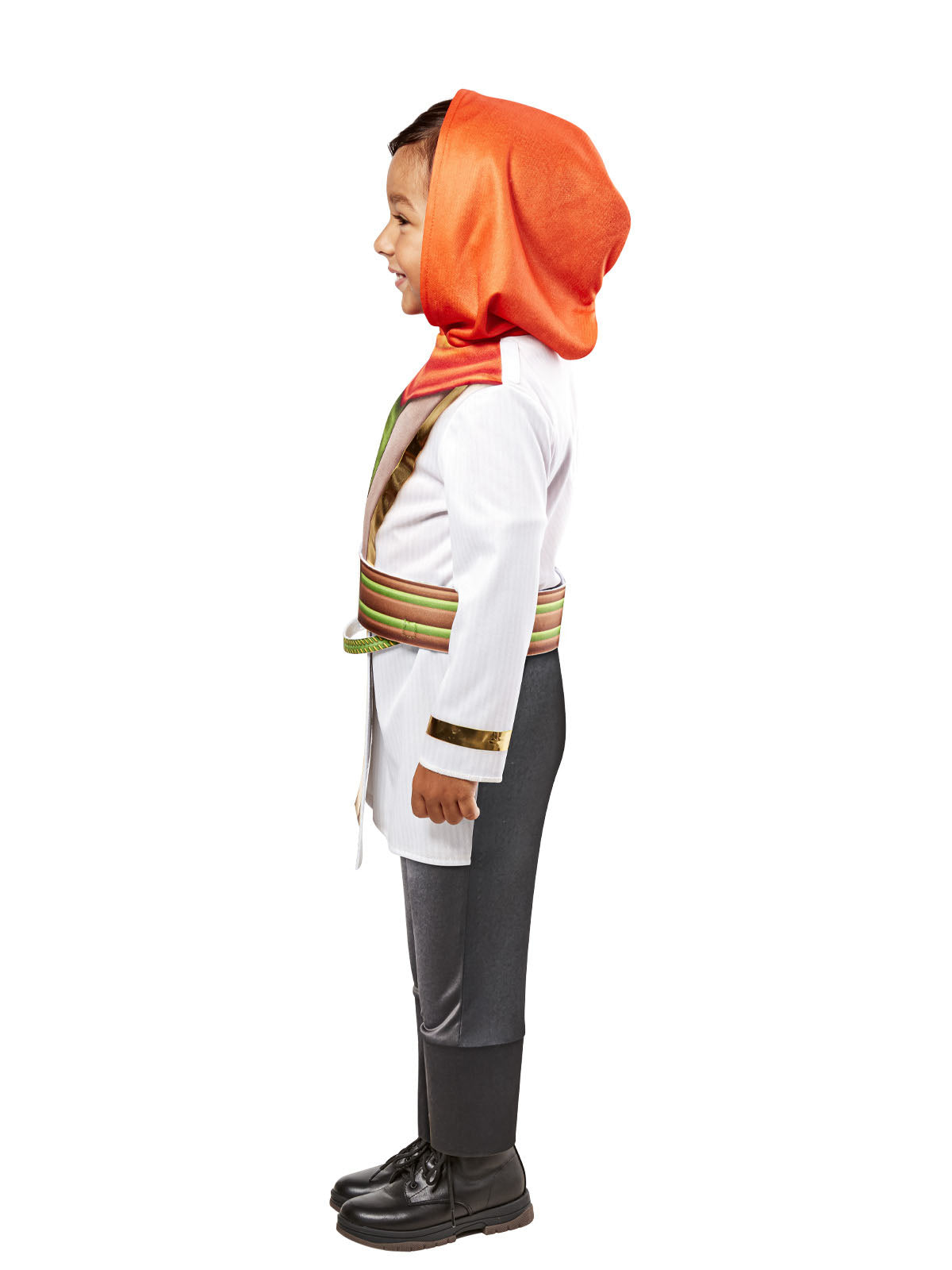 Side view of the Kai Brightstar costume with the orange hood up