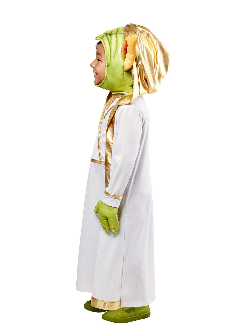 Side view of the Yoda Young Jedi robe with padded green ear headpiece