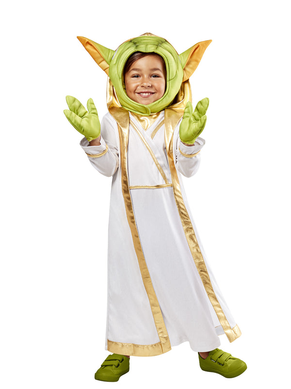 Toddler in a Young Jedi Yoda costume with white and gold robe, gold hood, padded Yoda headpiece and green gloves
