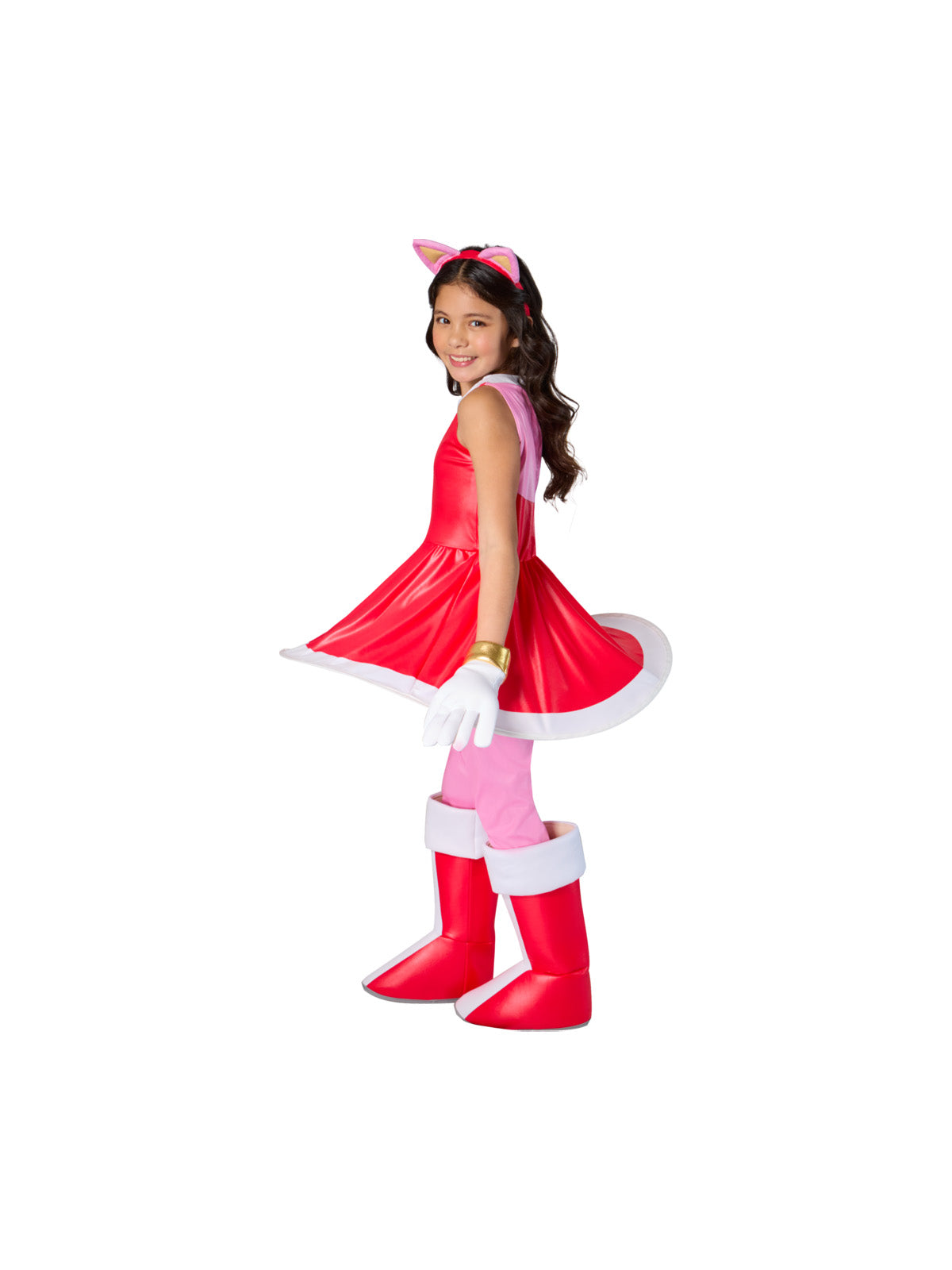 Side view of the Amy Rose costume with a flared red skirt, gold-cuffed gloves and red shoe covers