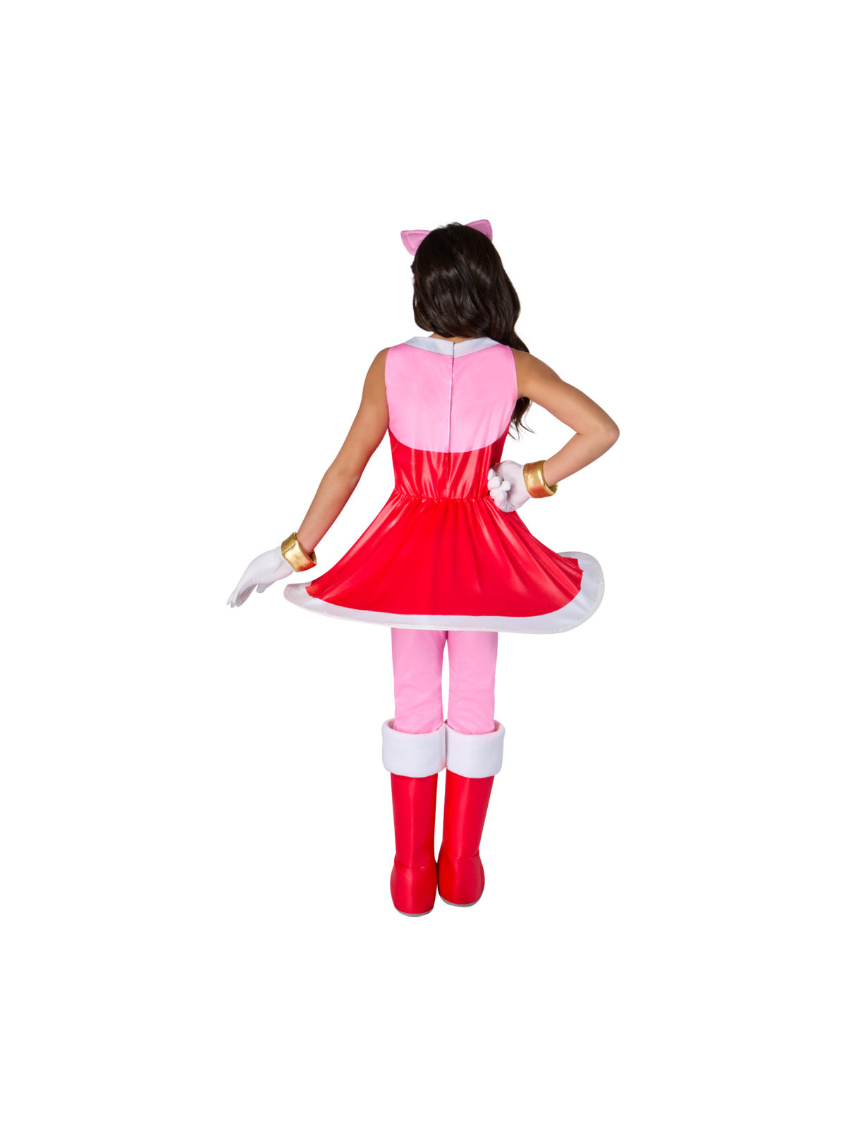 Back view of the Amy Rose red dress with white trim, pink ears headband and red boot covers