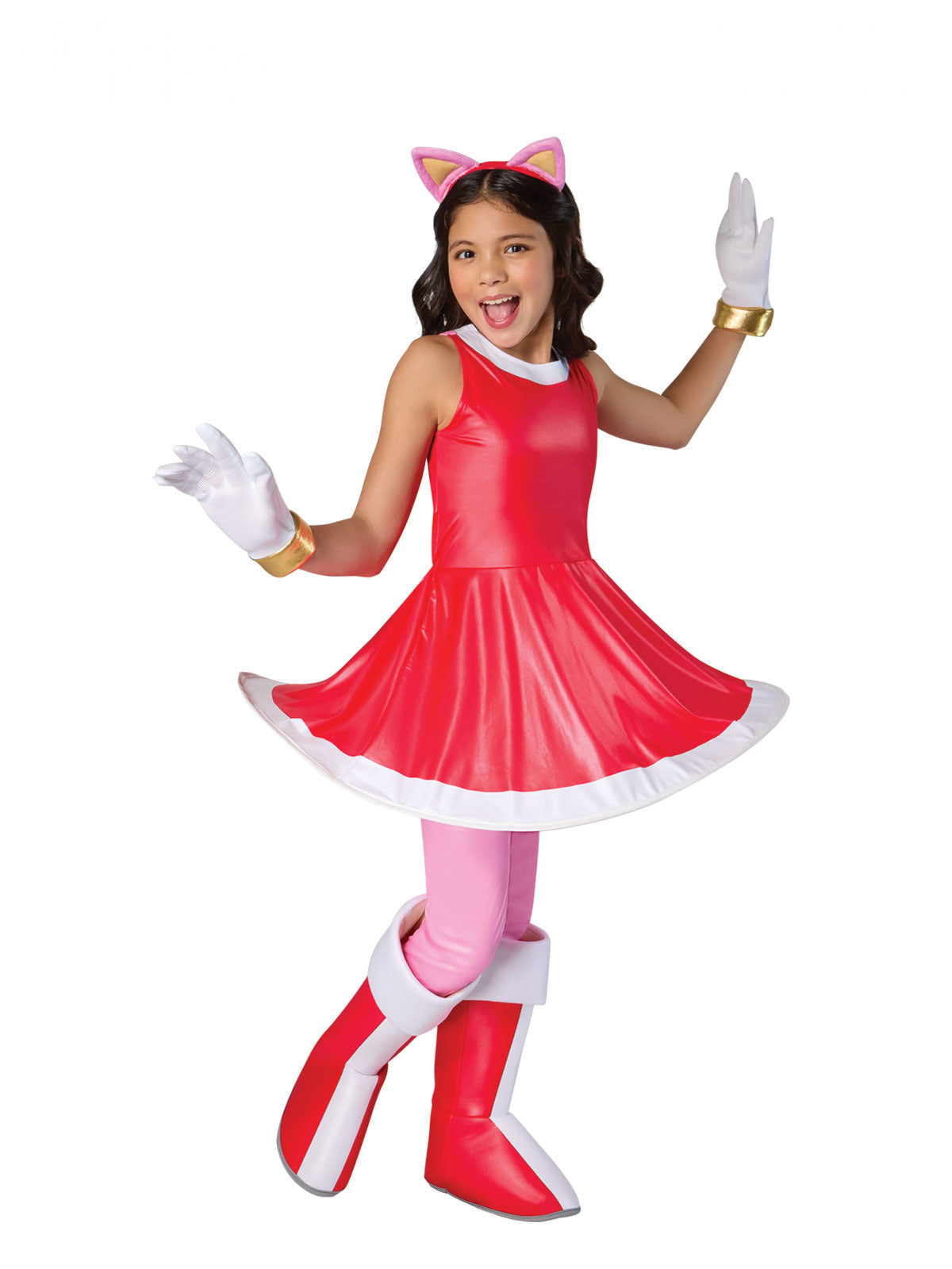 Girl in the Amy Rose costume with a red vinyl-look dress, pink ears headband, white gloves and red boot covers