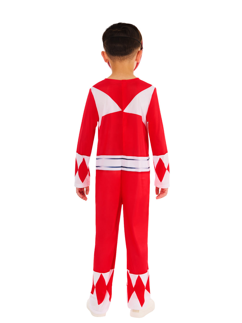 Back view of the red Power Rangers jumpsuit with white diamond pattern