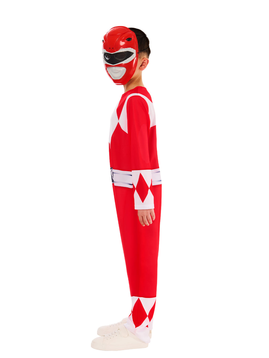 Side view of the red Power Rangers costume with mask