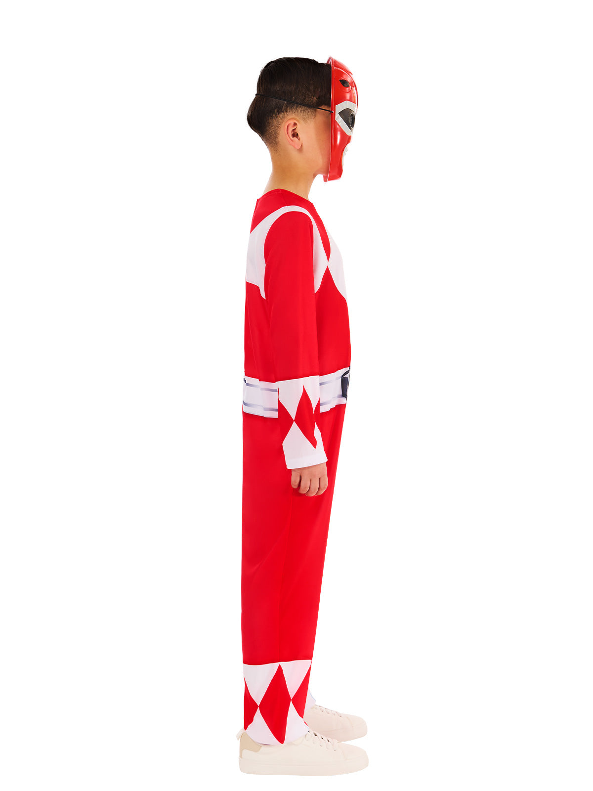 Side profile of the Red Ranger jumpsuit and helmet mask