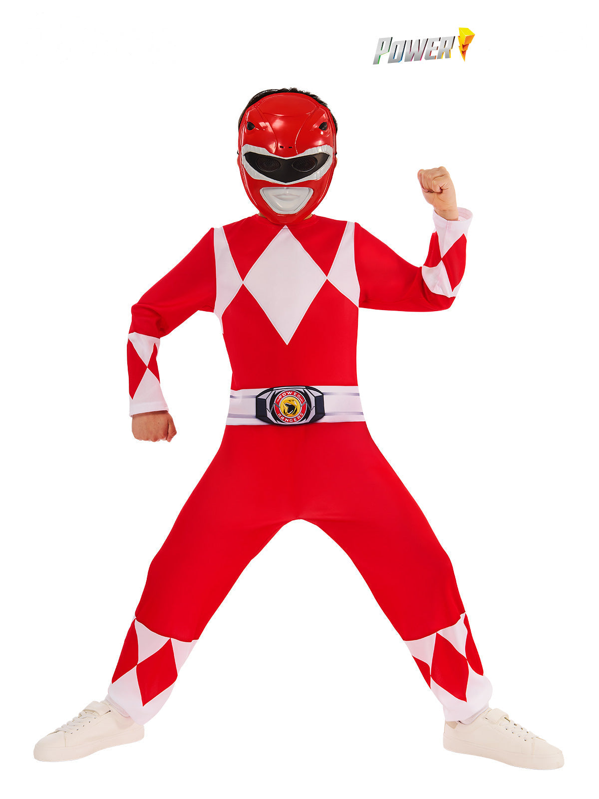 Child in the red Mighty Morphin Power Rangers jumpsuit with white diamond pattern, belt and red mask
