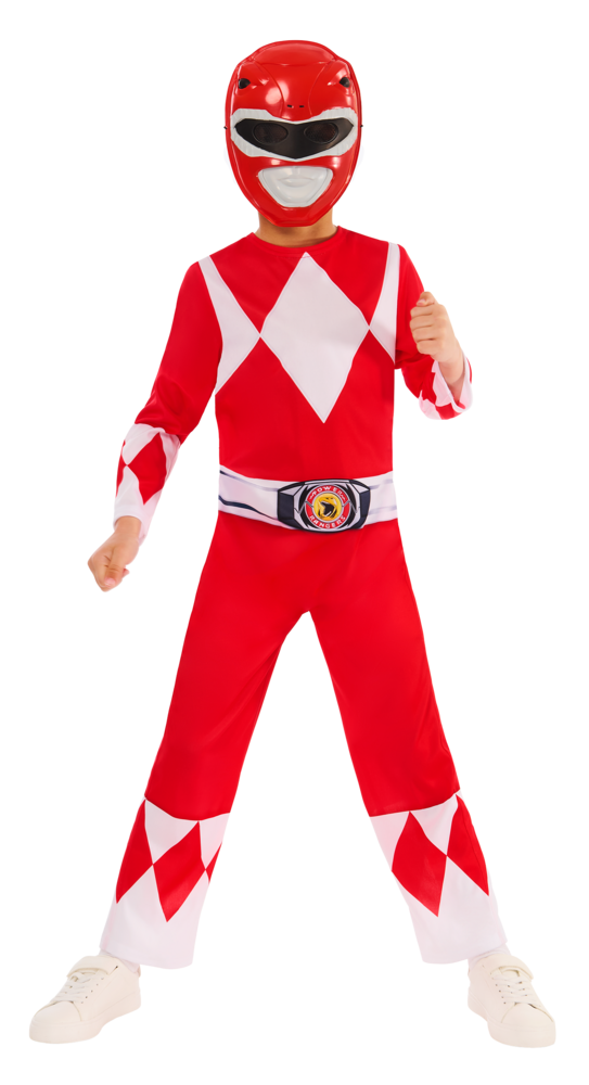 Front view of the Red Power Ranger jumpsuit with white diamond print and EVA helmet mask