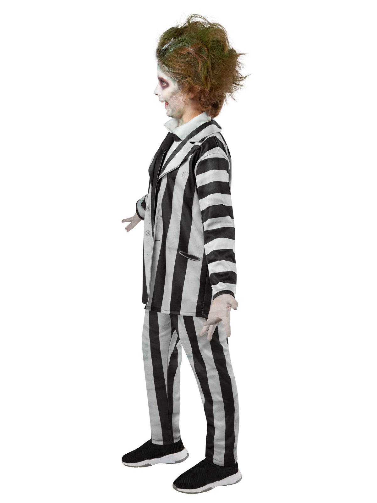 Side view of the Beetlejuice 2 deluxe striped jacket and elastic-waist striped pants