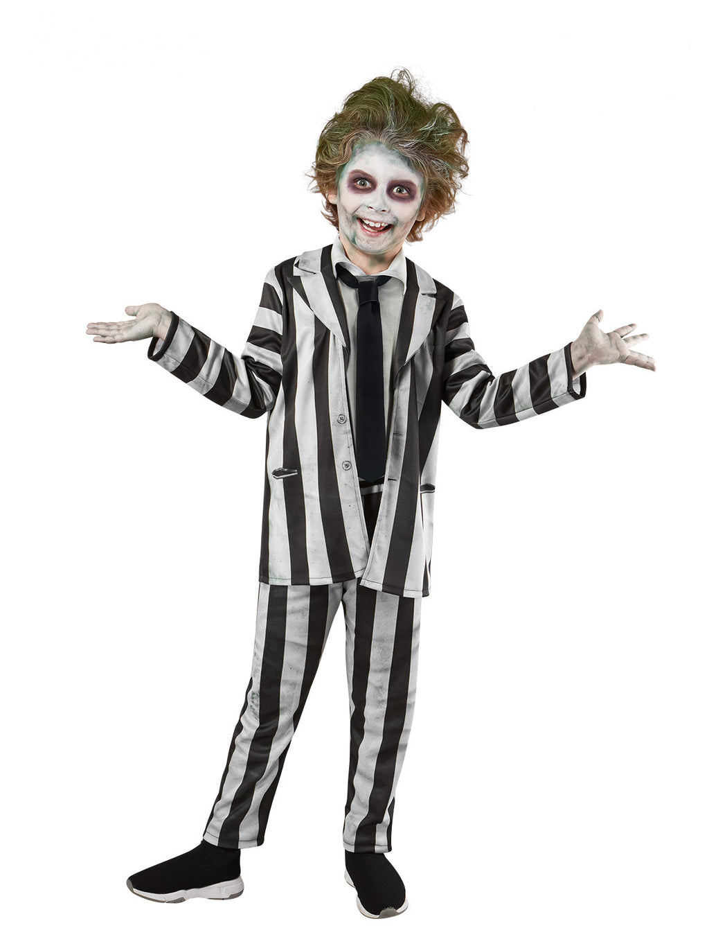 Boy wearing a Beetlejuice 2 black and white striped jacket, matching striped pants, vest and black tie