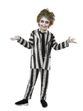 Boy wearing a Beetlejuice 2 black and white striped jacket, matching striped pants, vest and black tie