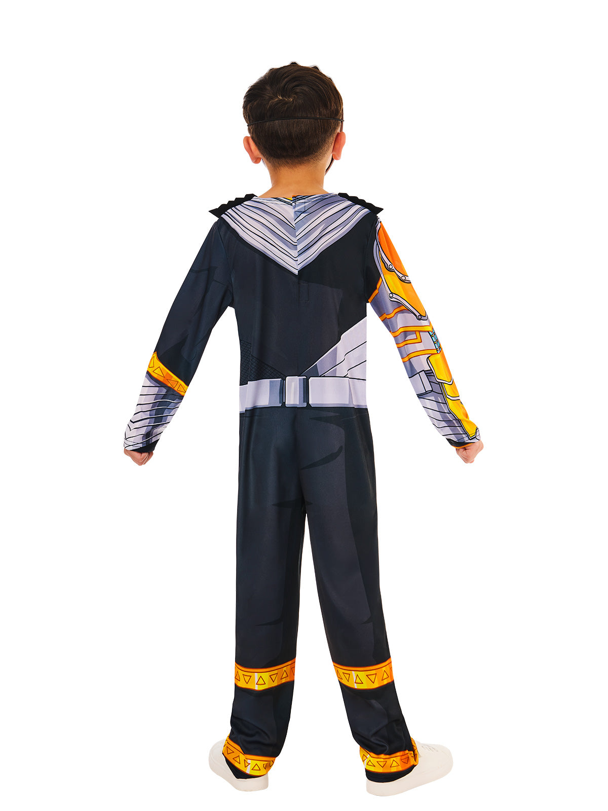 Back view of the black Power Rangers Cosmic Fury jumpsuit with grey and gold trim