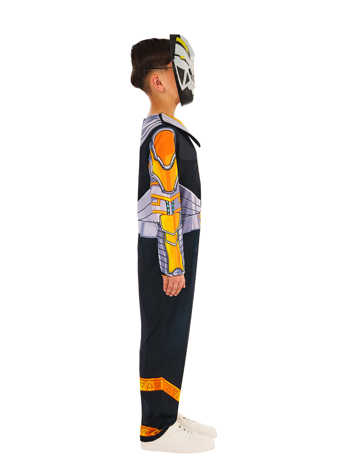Side profile of the Cosmic Fury Black Ranger costume and mask