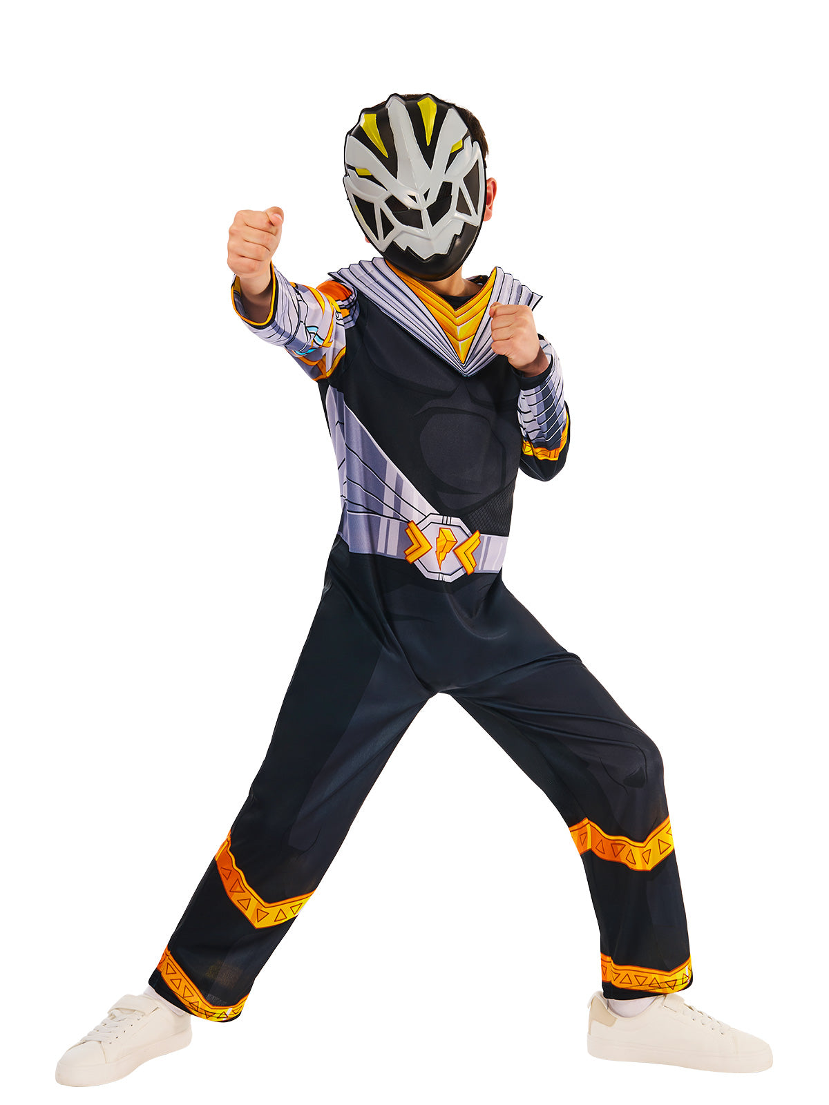 Child posing in the black Cosmic Fury Ranger costume with printed belt and mask