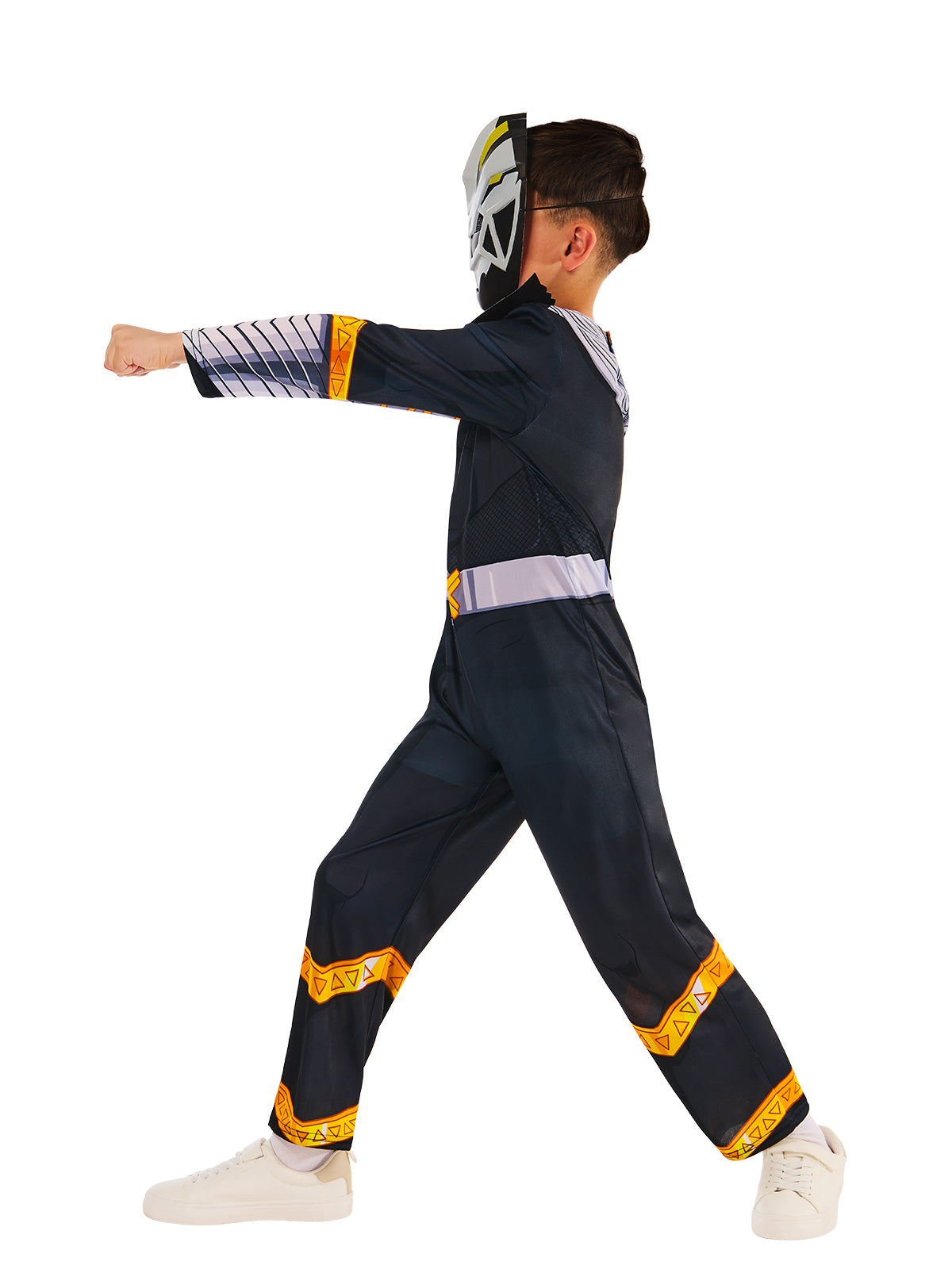 Child in a fighting stance in the black Power Rangers Cosmic Fury jumpsuit