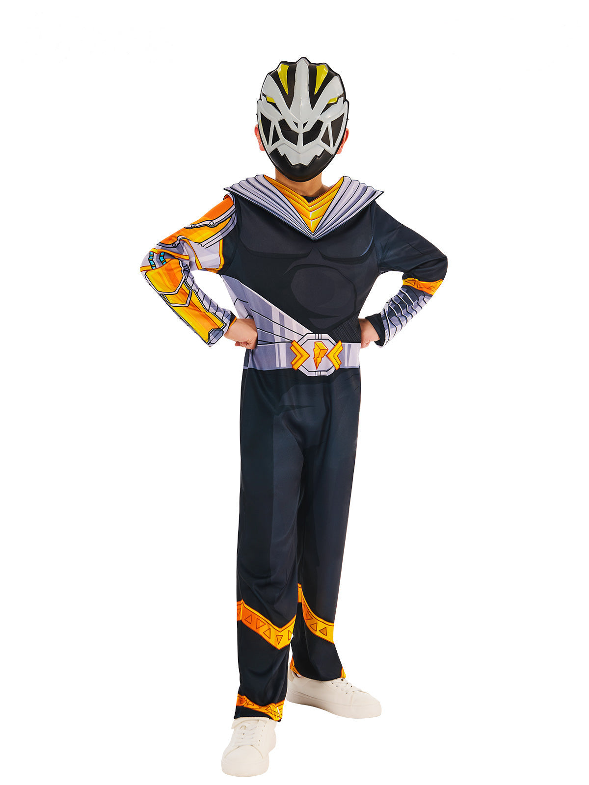 Child in the Power Rangers Cosmic Fury Black Ranger jumpsuit with printed muscle chest and EVA mask