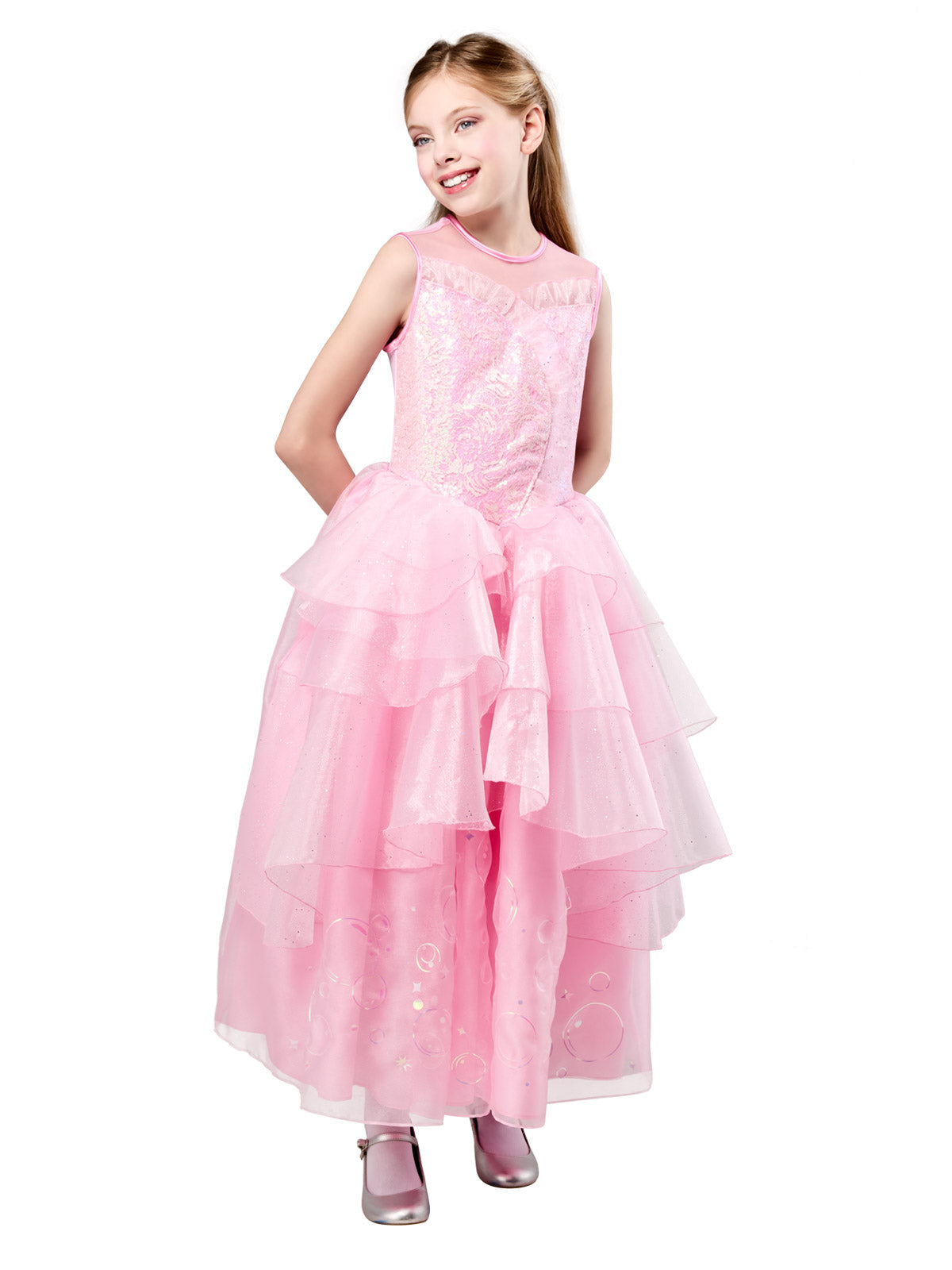 Front view of the Glinda premium dress with a layered pink tulle skirt