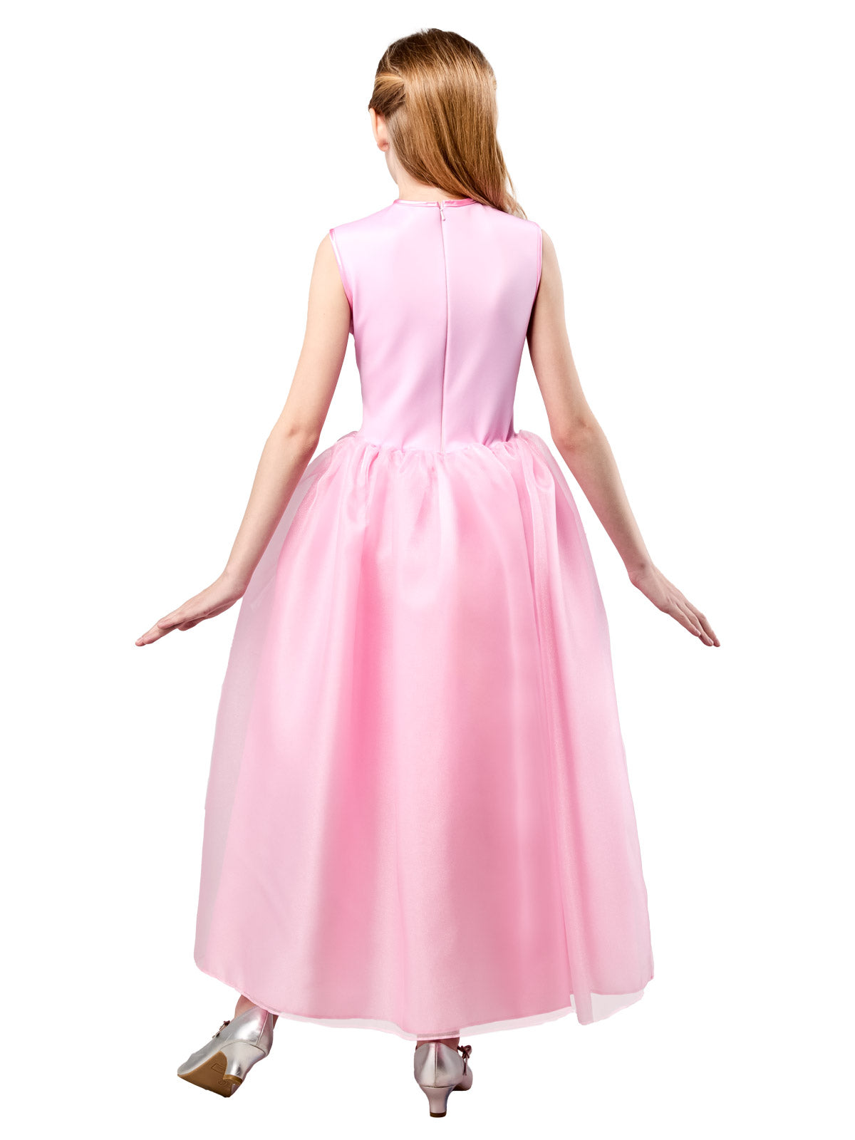 Back view of the long pink Glinda dress with a zip closure and a layered skirt
