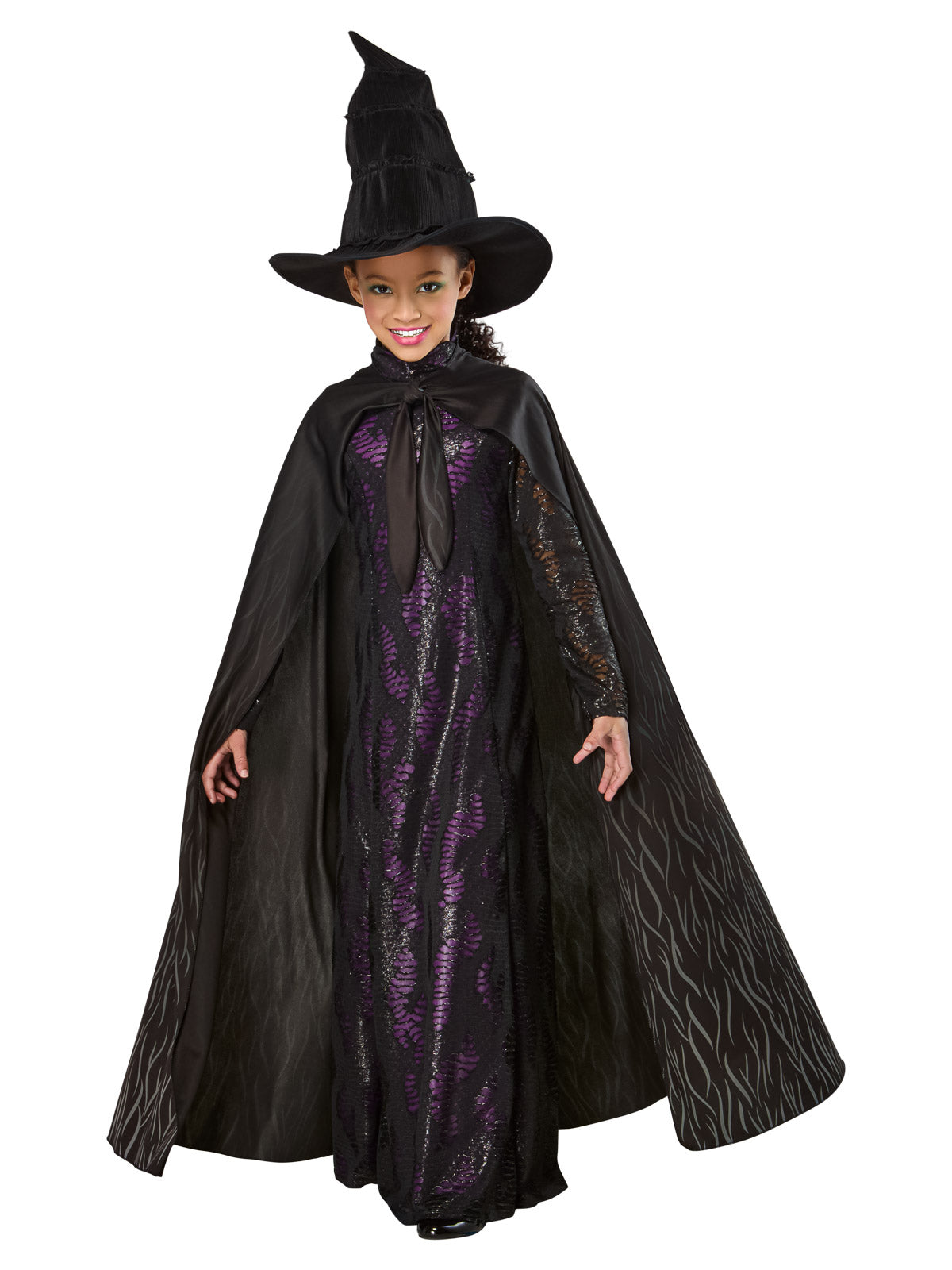 Front view of the Elphaba premium costume with the cape open over the long black dress