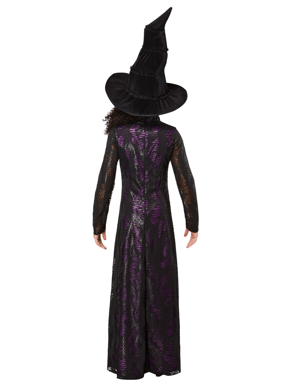 Girl in the Elphaba dress seen from the side with the cape and bent witch hat